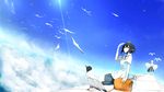  aircraft airplane bird black_hair cloud day hat highres inubashiri_momiji multiple_girls red_eyes shameimaru_aya short_hair sitting skirt sky smile tokin_hat touhou yugeoryouki 