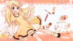  :d blonde_hair choker commentary_request dress food fork hair_ribbon highres kagamine_rin long_hair open_mouth ribbon shinryou_rei smile solo teapot vocaloid wallpaper 