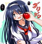  :t blue_eyes blue_hair blush breast_hold breasts cheek_press futaba_aoi_(vividred_operation) hairband long_hair national_shin_ooshima_school_uniform open_mouth school_uniform solo tomato tsuzuri_(tuzuri) upper_body vividred_operation white_hairband 