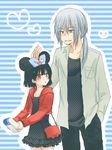  1boy 1girl beelzebub_(manga) black_hair blue_background dress frills grey_eyes grey_hair hat heart himekawa_tatsuya jacket open_mouth pants ponytail red_eyes ribbon short_hair tanimura_chiaki 