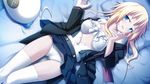  1girl bed blonde_hair blue_eyes blush bra breasts game_cg panties school_uniform shaneorka solo soukoku_no_arterial thighhighs underwear yakuri 