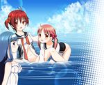  bad_id bad_pixiv_id blue_eyes blue_hair blush bottomless breasts brown_eyes brown_hair cleavage cloud day dress eko futaba_aoi_(vividred_operation) hair_bobbles hair_ornament hair_scrunchie hairband isshiki_akane isshiki_momo long_hair looking_at_viewer medium_breasts multiple_girls national_shin_ooshima_school_uniform open_mouth orange_scrunchie outdoors red_hair school_uniform scrunchie short_hair sky smile twintails untied vividred_operation water wet wet_clothes white_dress white_hairband 