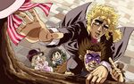  3boys 9_lo bad_id bad_pixiv_id blonde_hair carrying child facial_mark from_above hat jojo_no_kimyou_na_bouken multiple_boys robert_eo_speedwagon scar shoulder_carry tattoo tree 