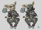  anthro bodysuit canine chibi clothing crestfallenartist female fennec fox gas_mask hammer looking_at_viewer mammal mask skinsuit smile solo tight_clothing tools 