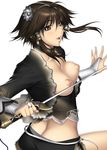  1girl absurdres alternate_color areolae breasts brown_eyes brown_hair chai_xianghua flower hair_ornament highres kansuke looking_at_viewer nipples open_mouth short_hair simple_background smile solo soul_calibur soulcalibur_iv standing sword weapon white_background 