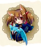  animal_ears brown_hair cat_ears dragon fingerless_gloves gloves pina_(sao) red_eyes short_hair short_twintails silica silica_(sao-alo) sword_art_online tougo twintails 