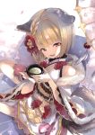  1girl :3 alternate_costume animal_ears bare_shoulders blonde_hair braid brown_eyes cherry_blossoms cup detached_sleeves dog_ears dog_tail erune eyebrows_visible_through_hair floral_print flower frills fur_trim granblue_fantasy green_tea hair_flower hair_ornament japanese_clothes kamizuki_shiki kimono obi outdoors sash seiza short_hair sitting tail tea teacup umbrella vajra_(granblue_fantasy) 