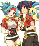  1girl black_hair blue_eyes blue_hair blush fanny_pack fingerless_gloves gen_3_pokemon gloves grin headband hinata_(pokemon) irouha jacket kazuki_(pokemon) leotard looking_at_viewer minun open_mouth plusle pokemon pokemon_(creature) pokemon_ranger pokemon_ranger_uniform red_eyes smile v white_background 