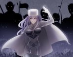  belinda_(unlight) black_sclera breasts cape cleavage corset dress flag gloves grin hat highres ktsis large_breasts long_hair pantyhose purple_hair shadow smile solo unlight yellow_eyes 