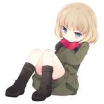  bangs black_gloves blonde_hair blue_eyes blush boots girls_und_panzer gloves heart hug katyusha long_sleeves military military_uniform pravda_military_uniform short_hair short_jumpsuit sitting solo tokumi_yuiko uniform 