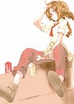  braid brown_eyes brown_hair clothes_around_waist coca-cola grin jacket_around_waist kuronuko_neero long_hair pants product_placement rika_(touhou) sitting smile solo touhou touhou_(pc-98) twin_braids twintails wrench 