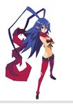  antenna_hair belt blue_hair bracelet breasts cleavage crossed_arms disgaea disgaea_d2 groin harada_takehito highres jewelry laharl laharl-chan long_hair medium_breasts navel official_art open_mouth pants pointy_ears red_eyes scarf slit_pupils solo third-party_edit third-party_watermark very_long_hair white_background 