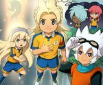  armband bad_id bad_pixiv_id blonde_hair blue_eyes closed_eyes fusion goggles hair_over_one_eye hairband inazuma_eleven_(series) inazuma_eleven_go inazuma_eleven_go_chrono_stone kirino_ranmaru kurama_norihito lightning_bolt long_hair master_dragon matsukaze_tenma matsukaze_tenma_(mixi_max_arthur_ou) mizuhara_aki nanobana_kinako nanobana_kinako_(mixi_max_master_dragon) open_mouth pink_hair purple_eyes raimon raimon_soccer_uniform saryuu_evan silhouette smile soccer_uniform sportswear white_hair 