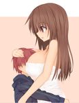  1girl age_difference between_breasts breast_smother breasts brown_eyes brown_hair denpaken_pochi head_between_breasts hood hoodie hug large_breasts long_hair naked_towel original red_hair short_hair towel wet 