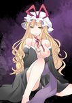  bad_id bad_pixiv_id black_panties blonde_hair breasts hammer_(sunset_beach) hat long_hair medium_breasts nipples no_bra open_clothes open_shirt panties robe shirt smile solo touhou underwear yakumo_yukari yellow_eyes 