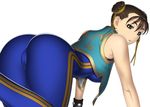  1girl absurdres all_fours ass bare_shoulders bodysuit brown_eyes brown_hair cameltoe capcom chinese_clothes chun-li double_bun double_vertical_stripe highres huge_ass kansuke looking_back short_hair simple_background solo street_fighter white_background 