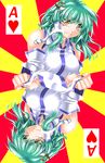  ace breasts card card_(medium) clenched_hand detached_sleeves frog_hair_ornament green_hair hair_ornament hair_tubes heart highres kochiya_sanae light_smile looking_at_viewer macedonian_flag medium_breasts playing_card rotational_symmetry short_hair sidelocks snake solo sunburst touhou tsurime wrist_grab yellow_eyes yoiti 