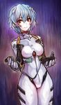  ayanami_rei blue_hair bodysuit highres holding looking_at_viewer neon_genesis_evangelion plugsuit rebuild_of_evangelion red_eyes short_hair skin_tight solo taishi_(picchiridou) walkman white_bodysuit 