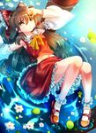  ascot bobby_socks bow brown_eyes brown_hair detached_sleeves hair_bow hair_tubes hakurei_reimu hand_over_face long_hair mary_janes nagare navel shoes skirt skirt_set socks solo touhou 