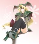  :&lt; armor bikini_bottom blonde_hair boots dragon_master elbow_gloves gauntlets gloves green_footwear helmet high_heels long_hair low-tied_long_hair midriff purple_eyes riesz seiken_densetsu seiken_densetsu_3 seqet-aru shoes solo thighhighs very_long_hair winged_helmet 