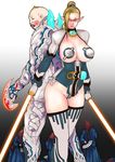  1girl armor back-to-back bad_id bad_pixiv_id blonde_hair breasts decapitation dual_wielding energy_sword fan folding_fan glasses gloves holding kusagami_style large_breasts majin_kewpie original pointy_ears safety_pin sword thick_thighs thighhighs thighs weapon 