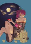  alcohol bad_id bad_pixiv_id barefoot breasts brown_hair copyright_request full_moon hochikisu japanese_clothes large_breasts moon purple_hair side_ponytail solo tissue_box wine 