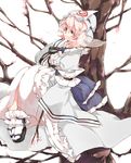  arm_ribbon blue_dress cherry_blossoms dress eyebrows hat in_tree iroyopon long_sleeves pink_hair red_eyes ribbon saigyouji_yuyuko sash sitting sitting_in_tree smile solo thick_eyebrows touhou tree triangular_headpiece veil wide_sleeves 