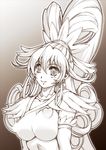  aida_mana breasts censored cure_heart curly_hair dokidoki!_precure earrings eyelashes grey_background half_updo hisahiko jewelry large_breasts long_hair magical_girl monochrome ponytail precure smile solo 
