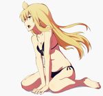  ahoge arm_support bare_shoulders barefoot bikini black_bikini blonde_hair breasts cleavage error full_body long_hair looking_away minami-ke minami_chiaki mokkei open_mouth shadow simple_background sitting small_breasts solo swimsuit v_arms wariza white_background yellow_eyes 