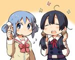  ahoge black_hair blue_eyes blue_hair blush closed_eyes company_connection crossover flying_sweatdrops gunjima_souichirou hair_cubes hair_ornament headwear_switch kitashirakawa_tamako kyoto_animation long_hair low_twintails mole mole_on_neck multiple_girls naganohara_mio nichijou open_mouth school_uniform serafuku short_hair short_twintails smile tamako_market tokisadame_school_uniform twintails 