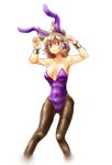  :3 alternate_costume animal_ears armpits arms_up black_hair blonde_hair bracelet breasts bunny_ears bunny_girl bunnysuit fake_animal_ears jewelry kemonomimi_mode kitayuki_kajika leotard looking_at_viewer medium_breasts pantyhose pose purple_eyes purple_leotard sketch smirk solo touhou toyosatomimi_no_miko 