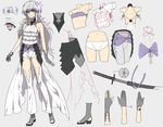  bad_id bad_pixiv_id bare_shoulders bug butterfly character_sheet gloves grey_background grey_hair insect katana kazari_tayu light_smile long_hair original purple_eyes shorts simple_background sword weapon 