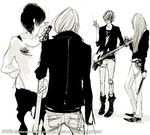  belt boots cigarette copyright_request denim fashion greyscale guitar instrument jacket jeans long_hair monochrome multiple_boys pants short_hair simple_background smoking takenaka torn_clothes watermark wristband 