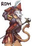  animal_ears arm_up ass bad_id bad_pixiv_id blush cat_ears cat_tail final_fantasy final_fantasy_xi from_behind green_eyes looking_at_viewer looking_back mithra red_mage silver_hair simple_background solo standing suzuno_(bookshelf) tail tail_through_clothes white_background 