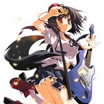  black_hair black_wings geta guitar hat instrument looking_at_viewer shameimaru_aya skirt smile solo tengu-geta touhou utsurogi_angu wings 