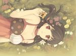  bad_id bad_pixiv_id black_hair bug butterfly choker dress field flower insect lying moai_(aoh) original red_eyes solo tattoo upside-down 