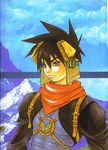  bangs grandia grandia_ii highres kanoe_youshi male_focus mountain official_art ryudo_(grandia) scan solo 