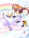  ankle_wings blush boots brown_hair ferret floating full_body hair_ribbon long_hair long_skirt long_sleeves looking_at_viewer looking_back lyrical_nanoha magical_girl mahou_shoujo_lyrical_nanoha puffy_sleeves purple_eyes q-gaku raising_heart ribbon shoes skirt skirt_set smile solo staff takamachi_nanoha twintails white_skirt winged_shoes wings yuuno_scrya 