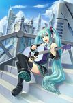  :d acoustic_guitar aqua_eyes aqua_hair city cloud crossed_legs day detached_sleeves guitar hatsune_miku hi-ho- highres instrument legs long_hair microphone necktie open_mouth plectrum sitting sitting_on_stairs skirt sky smile solo stairs thighhighs twintails very_long_hair vocaloid zettai_ryouiki 