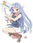  artist_request bangs blue_hair blunt_bangs boots hair_tubes hairband kannagi long_hair nagi pleated_skirt purple_eyes skirt solo wand white_skirt 