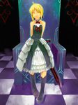  armor armored_dress artoria_pendragon_(all) bare_shoulders blonde_hair boots dark_excalibur dress fate/stay_night fate_(series) highres nfb-zmc saber_alter sleeveless solo sword weapon yellow_eyes 