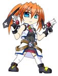  belt blush buckle cross_mirage dual_wielding gloves gun handgun holding looking_at_viewer lyrical_nanoha mahou_shoujo_lyrical_nanoha_strikers orange_hair pistol solo standing tatsuki_yuuta teana_lanster thighhighs trigger_discipline weapon white_gloves white_legwear zettai_ryouiki 