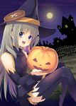  bad_id bad_pixiv_id blue_eyes costume elbow_gloves full_moon gloves halloween hat hisagi_hotaru jack-o'-lantern little_busters! long_hair moon night noumi_kudryavka pumpkin purple_legwear silver_hair solo thighhighs witch witch_hat 