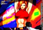  armpits arms_behind_head blonde_hair blue_eyes blue_mary breasts fatal_fury jpeg_artifacts large_breasts midriff navel one_eye_closed short_hair solo the_king_of_fighters 