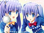  blue_eyes blue_hair game_cg long_hair magnifying_glass mizuhara_yuu multiple_girls non-web_source school_uniform siblings star twins twintails yasugasa_haruka zettai_shiawase_sengen! 