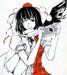  black_wings camera hat looking_at_viewer monochrome one_eye_closed pom_pom_(clothes) red scarf shameimaru_aya smile solo spot_color tokin_hat touhou tsurukame wings 