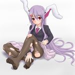  animal_ears blush bunny_ears carrot_hair_ornament feet food_themed_hair_ornament hair_ornament highres kuro_suto_sukii long_hair necktie panties pantyhose purple_hair purple_neckwear red_eyes reisen_udongein_inaba skirt solo torn_clothes torn_legwear touhou underwear very_long_hair 