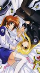  bardiche blonde_hair fate_testarossa holding_hands jpeg_artifacts komori_atsushi long_hair lying lyrical_nanoha magazine_(weapon) mahou_shoujo_lyrical_nanoha_strikers military military_uniform multiple_girls pantyhose ponytail purple_eyes raising_heart red_eyes red_hair shell_casing side_ponytail speedloader takamachi_nanoha thighhighs tsab_air_military_uniform tsab_executive_military_uniform uniform 