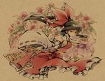  black_hair bow cherry_blossoms detached_sleeves floral_background flower frills from_side hair_bow hakurei_reimu kieta long_hair ofuda ribbon-trimmed_sleeves ribbon_trim sarashi sepia_background skirt solo touhou wide_sleeves 
