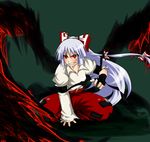  bangs fingerless_gloves fujiwara_no_mokou gloves grin long_hair makoto_jon red_eyes ribbon silver_hair smile solo touhou wings 